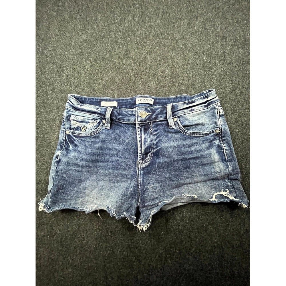 Vigoss Cut Off Shorts Womens 12 Blue Denim Cotton Stretch Straight Frayed Hem